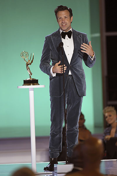 Jason Sudeikis accepts an award at the 73rd Emmy Awards, September 19, 2021 in Los Angeles, California.