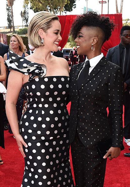 Lauren Morelli and Samira Wiley arrive at the 73rd Emmy Awards, September 19, 2021 in Los Angeles, California.