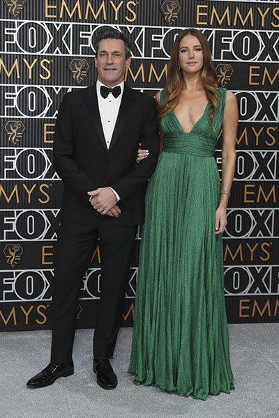 Jon Hamm and Anna Osceola on the red carpet at the 75th Emmy Awards