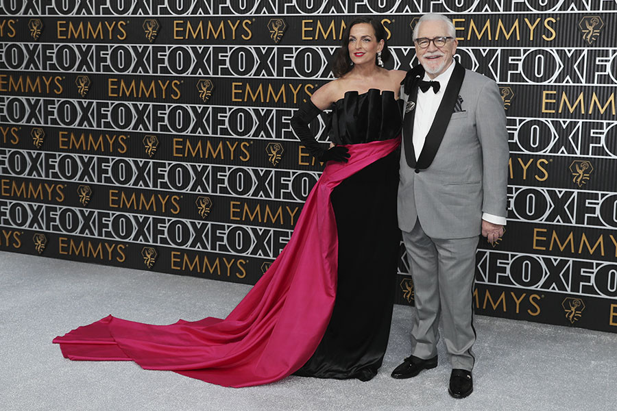Brian Cox from Succession and Nicole Ansari-Cox on the red carpet at the 75th Emmy Awards 
