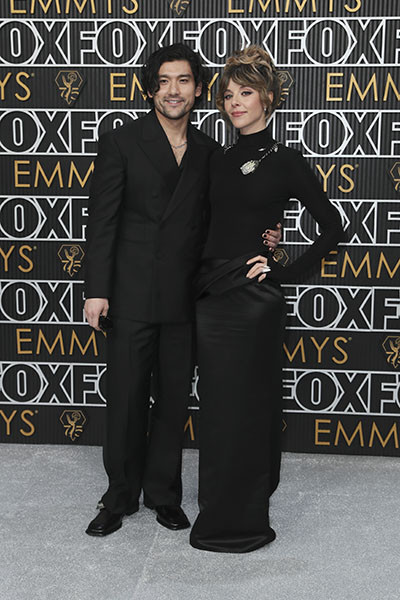Will Sharpe from The White Lotus and Sophia Di Martino on the red carpet at the 75th Emmy Awards