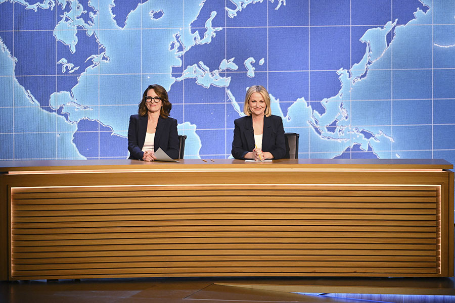 Tina Fey and Amy Poehler presenting at the 75th Emmy Awards