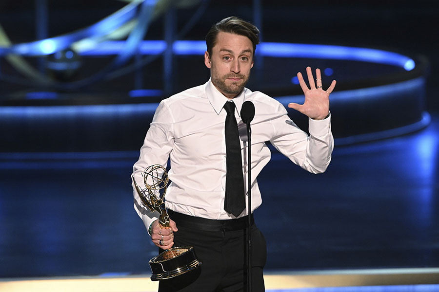 Kieran Culkin accepts the Outstanding Lead Actor in a Drama Series award for Succession at the 75th Emmy Awards