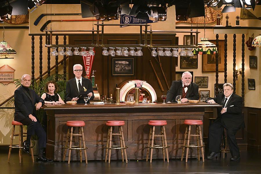 The cast of Cheers onstage at the 75th Emmy Awards