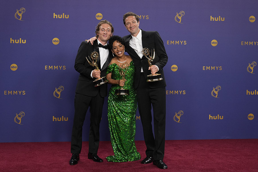 Jeremy Allen White, Liza Colon-Zayas, and Ebon Moss-Bachrach, winners from The Bear backstage at the 76th Emmy Awards
