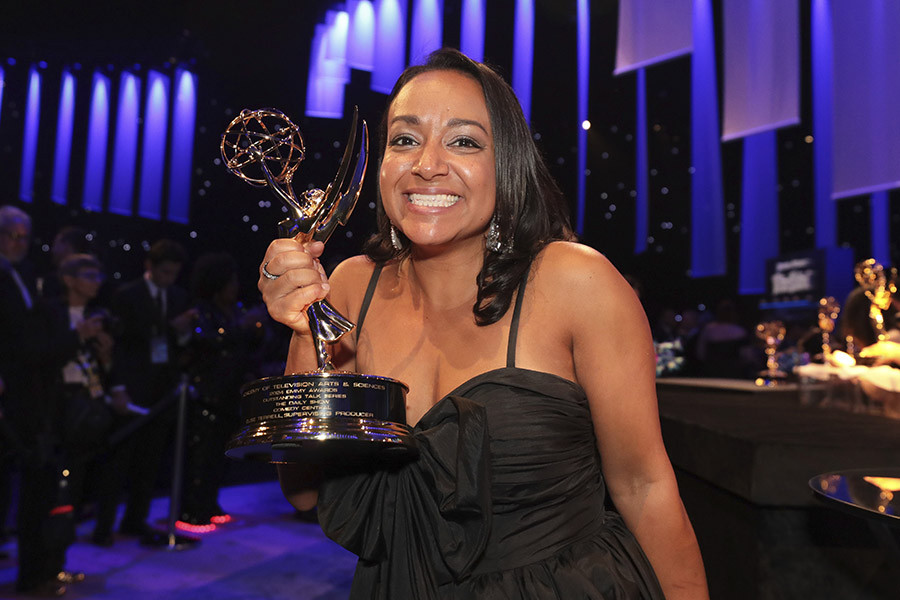 Elise Terrell of The Daily Show with the award for Outstanding Variety Talk Series at the 76th Emmy Awards Governors Gala