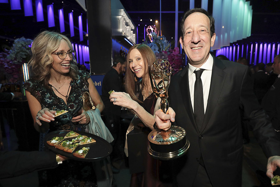 Erin Underhill,  Jessica Miner and David Miner of Hacks, winner of the award for Outstanding Comedy Series, at the 76th Emmy Awards Governors Gala