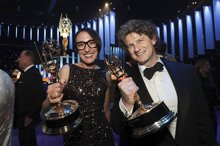 Shannon Goss and Matt Lambert of Shōgun with the award for Outstanding Drama Series at the 76th Emmy Awards Governors Gala
