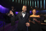 Sushil Dayal of The Daily Show with the award for Outstanding Variety Talk Series and Cenisa Gavin at the Governors Gala at the 76th Emmy Awards