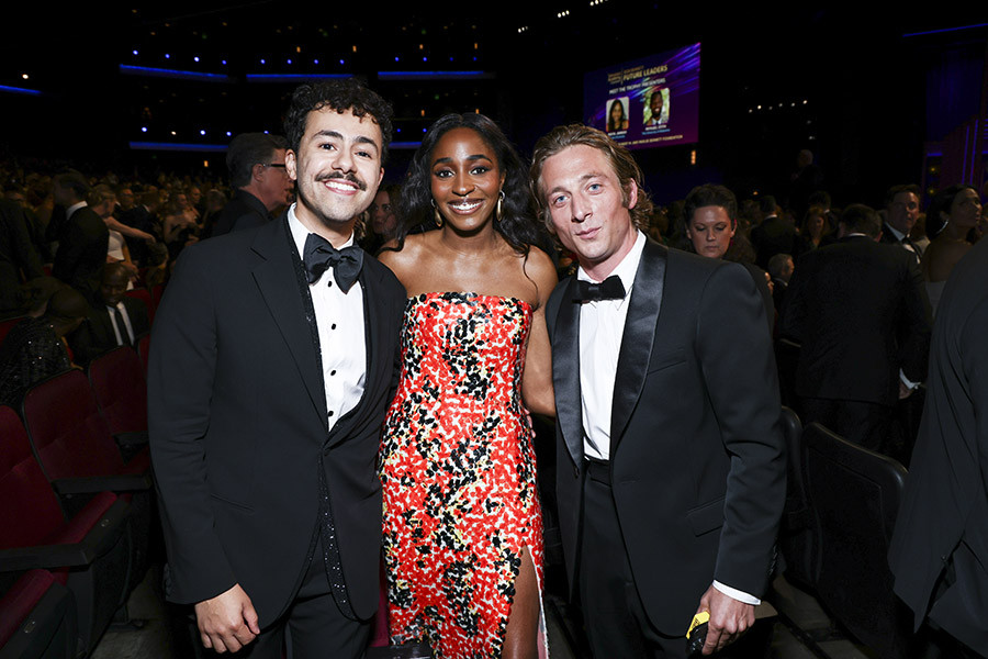 Ramy Youssef, Ayo Edebiri, and Jeremy Allen White of The Bear in the audience at the 76th Emmy Awards