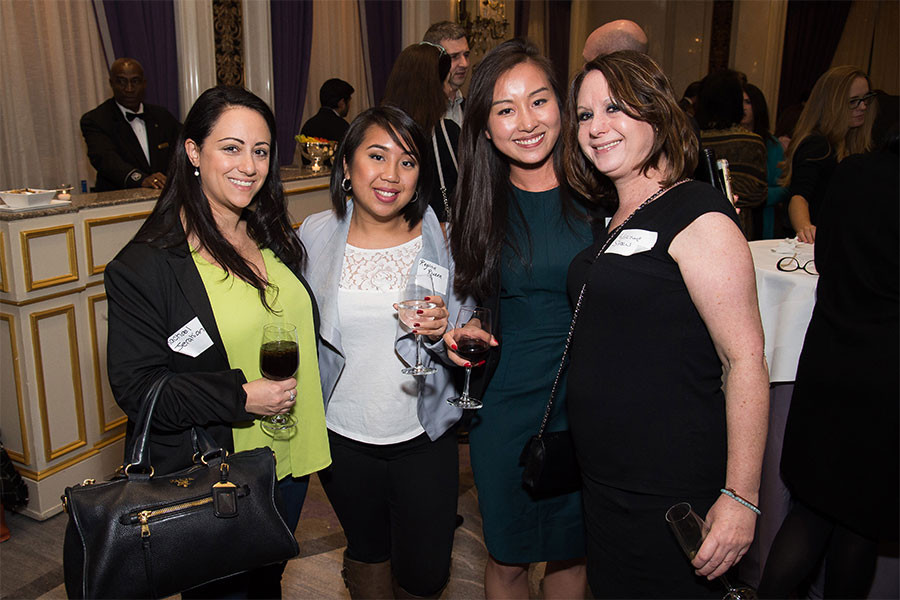 Rachael Jerahian, Regina Rivera, Katherine Pan, and Adrienne Stern at the New York Networking Night Out, November 13, 2015 at the St. Regis in New York City.