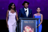 Antoinette Robertson, Justin Simien, and Logan Browning present an award on stage at the 38th College Television Awards presented by the Television Academy Foundation at the Saban Media Center on Wednesday, May 24, 2017, in the NoHo Arts District in Los A