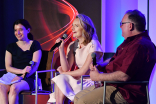 Beatrice Springborn, Elisabeth Moss, and Bruce Miller at The Handmaid&#039;s Tale: From Script to Screen at the Wolf Theatre at the Saban Media Center in North Hollywood, California.