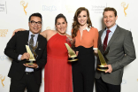 Tim Wen, Lindsey Villreal, Danielle Panabaker, and Jesse Knapp on the Winners Walk at the 36th College Television Awards at the Skirball Cultural Center in Los Angeles, April 23, 2015.