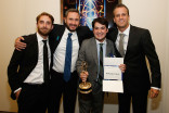 The Time-Warner cable Sportsnet team celebrates at the 66th Los Angeles Area Emmy Awards.