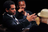 Toure poses a question to Norman Lear at An Evening with Norman Lear at the Montalban Theater in Hollywood.