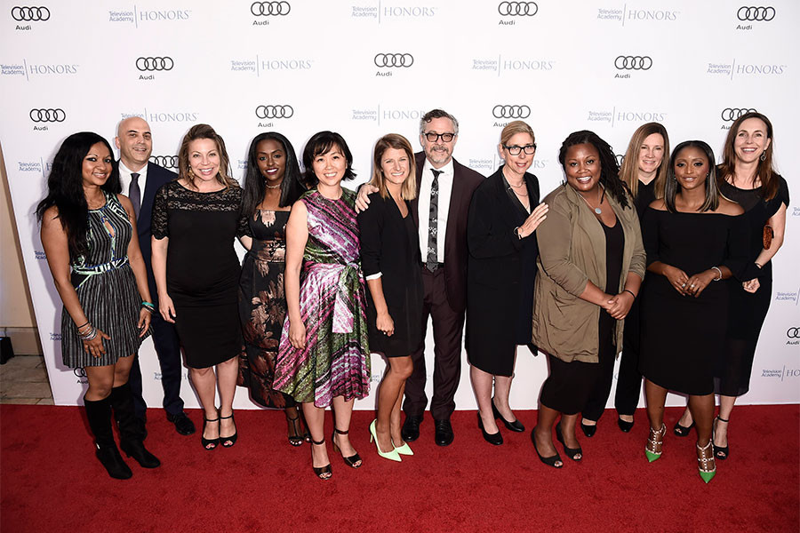 The team from We Will Rise: Ginger Shankar, Oliver Lief, Tiffany Drake,Tsehaitu Retta, Innbo Shim, Gina Nemirofsky,Tony Gerber, Beth Osisek, Alexandra Hanibel, Courtney Sexton, Isha Sesay, and Martha Adams arrive at the 2017 Television Academy Honors at t