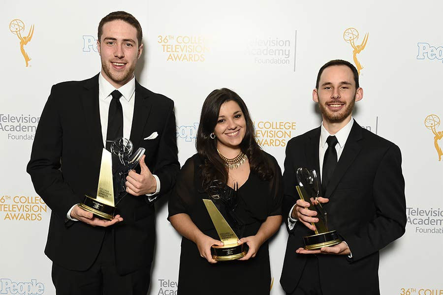 Wesley Palmer, Amanda Domuracki, and Andrew Fewsmith on the Winners Walk at the 36th College Television Awards at the Skirball Cultural Center in Los Angeles, April 23, 2015.