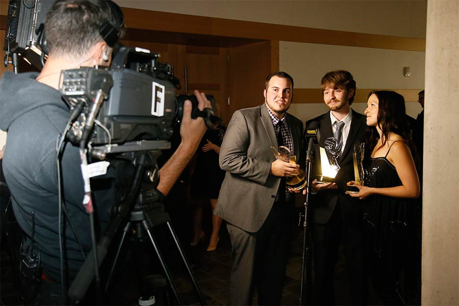 Zach Ehrlich, Joseph Awgul and Tess Ryan at the Thank You Cam at the 36th College Television Awards at the Skirball Cultural Center in Los Angeles, April 23, 2015.